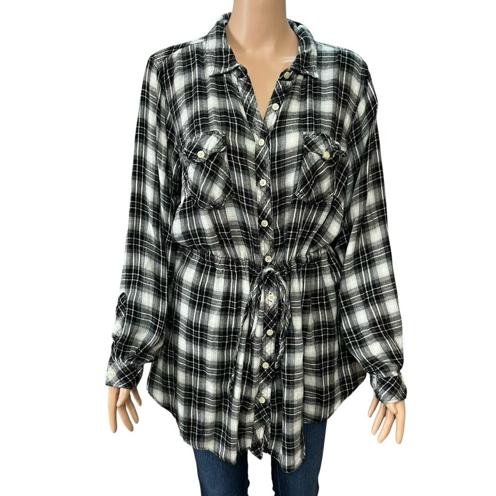 Torrid Flannel Button Down Tunic Top 2X Drawstring Waist Plaid Long Sleeve